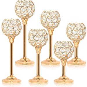 Crystal Metal Tealight Candlestick, Bling Bowl Candelabras, Tall Crystal Candle Holders Elegant Candle Centerpiece for Dining Table Wedding Home Mantel Decor(Golden, 2 Sets(6 Pcs))