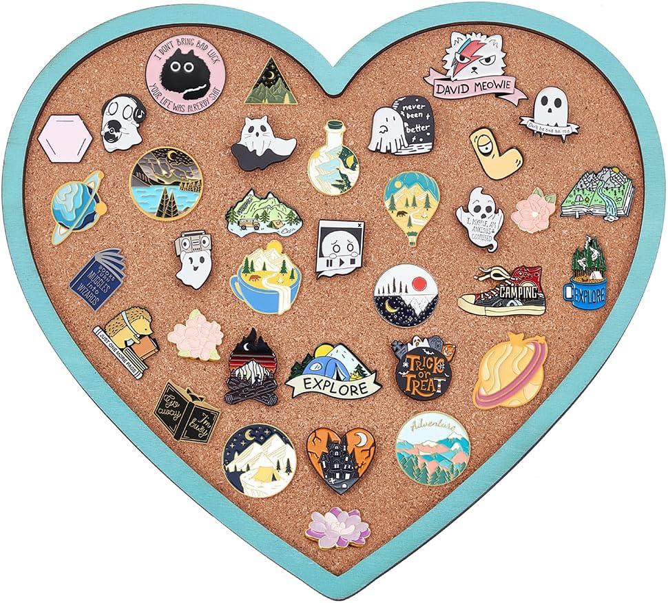 BENECREAT Light Sky Blue Heart Pin Cork Board, 10.6x11.8inch Bulletin Display Board Wall Mounted Cork Board for Brooch Pin Storage Display, Office Home and School Decor