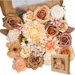 35PCS Champagne Silk Flowers Artificial - Faux Flowers Combo Box Fake Rose, Peonies with Stem for DIY Wedding Cake Arch Bouquets Baby Bridal Shower Centerpieces Party Wall Home Decorations (Yellow, Pink, Champagne, white)