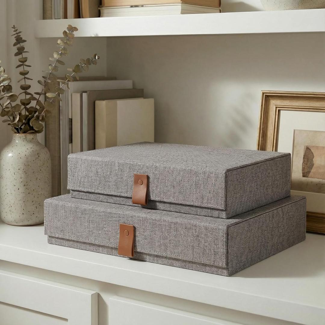 Decorative Photo Storage Boxes with Lids - Set of 2 Beautiful Linen Organizers Are Perfect to Safely Store Your Pictures, Documents, Scrapbooking Supplies, Keepsakes and Other Memories in Style (Gray)