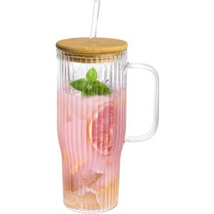 32oz Ribbed Glass Cup with Handle Bamboo Lid and StrawBorosilicate Glass Tumbler, Iced Coffee Cups Hot/Cold Drinks