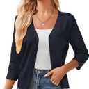 GRACE KARIN Women's 2025 Cropped Cardigan 3/4 Sleeve Lightweight Crochet Shrug Hollowed-Out Knit Sweater Tops (Dark Blue, L)