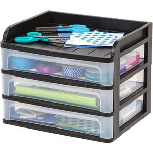 IRIS USA Plastic Desk Top 3-Drawer Storage Organizer with Paper Tray Top, 1-Pack, for Makeup Vanity Nail Polish Bathroom Stationery Art Craft Supplies Kitchen Office Garage Organization, Medium, Black