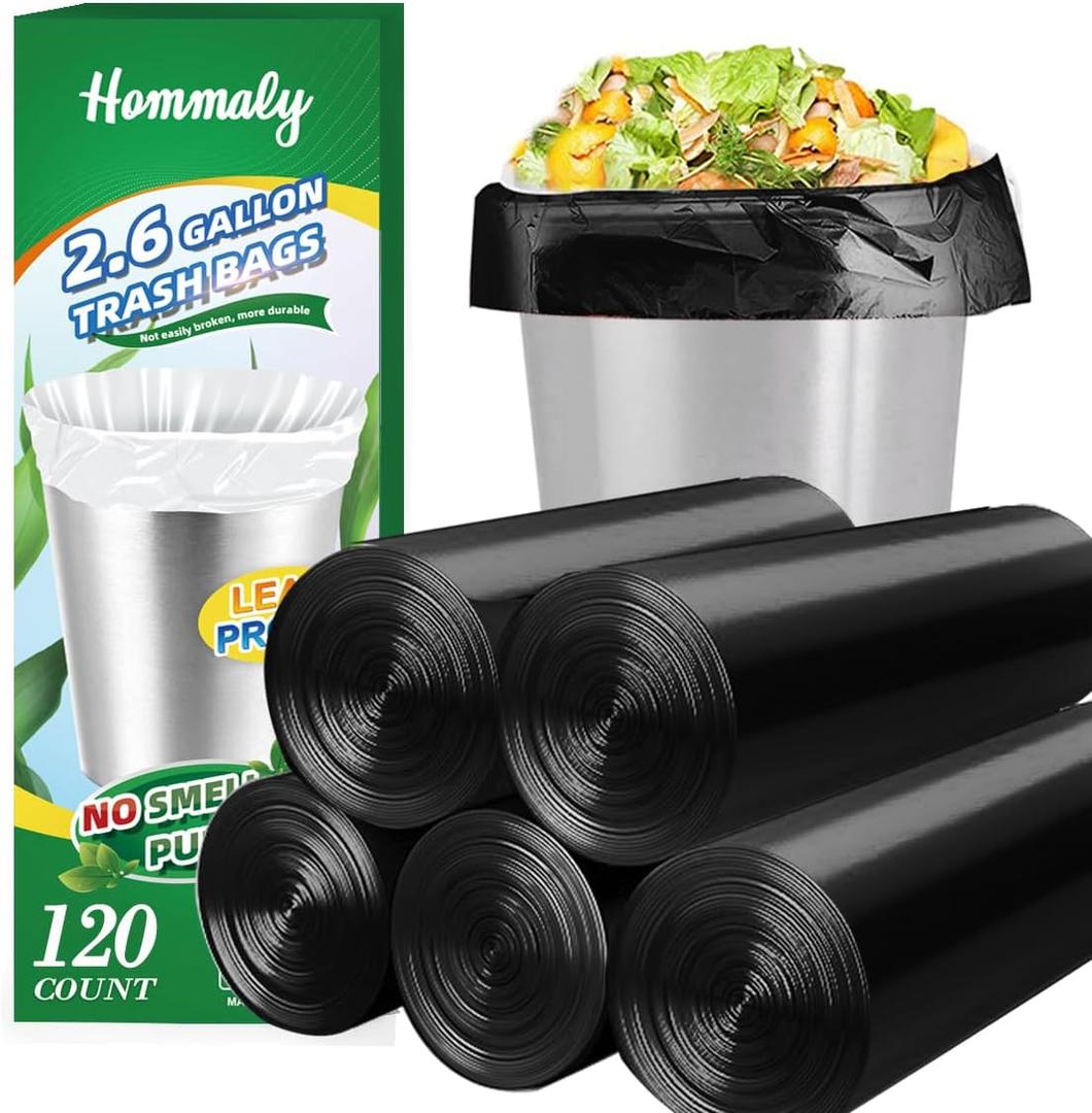 2.6 Gallon 120 pcs Small Black Trash Bags, Strong 2.5 Gallon 2.6 Gallon Garbage Bags, Bathroom Trash Can Bin Liners,Mini Bags Waste Basket Liner,Fit 6-10 Liter, 2.6 Gal-Black-120