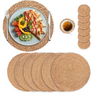 Round Woven Placemats Set of 6, 13 inch Plate Chargers with Coasters Set of 6, Natural Place mats for Dining Table Decor, Boho Farmhouse Rustic Rattan Wicker Table Mats Chargers for Dinner Plates