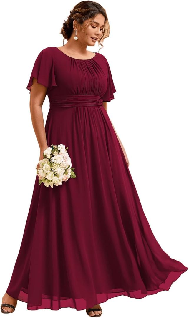 Ever-Pretty Plus Women's Summer Round Neck A Line Pleated Chiffon Short Sleeves Plus Size Formal Gowns Bridesmaid Dresses (16, Burgundy)
