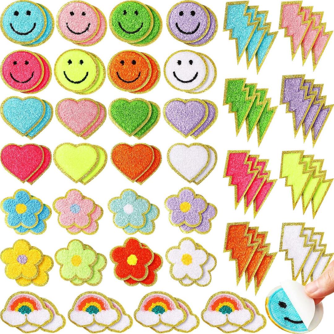 Hanaive 80 Pcs Chenille Letter Patches Self Adhesive Iron on Patch 3D Cute Embroidered Rainbow Smile Face Heart Applique Sewing Badges Patch for Fabric Clothing Jacket DIY(Assorted Rainbow,Cute)