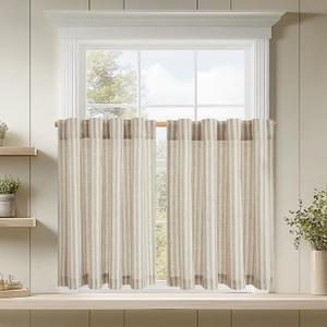 jinchan Striped Linen Kitchen Curtains 36 Inches Tier Curtains Farmhouse Modern Cafe Style Small Window Treatments Airy Light Filtering Rod Pocket for Living Room Bathroom 2 Panels Taupe Grey