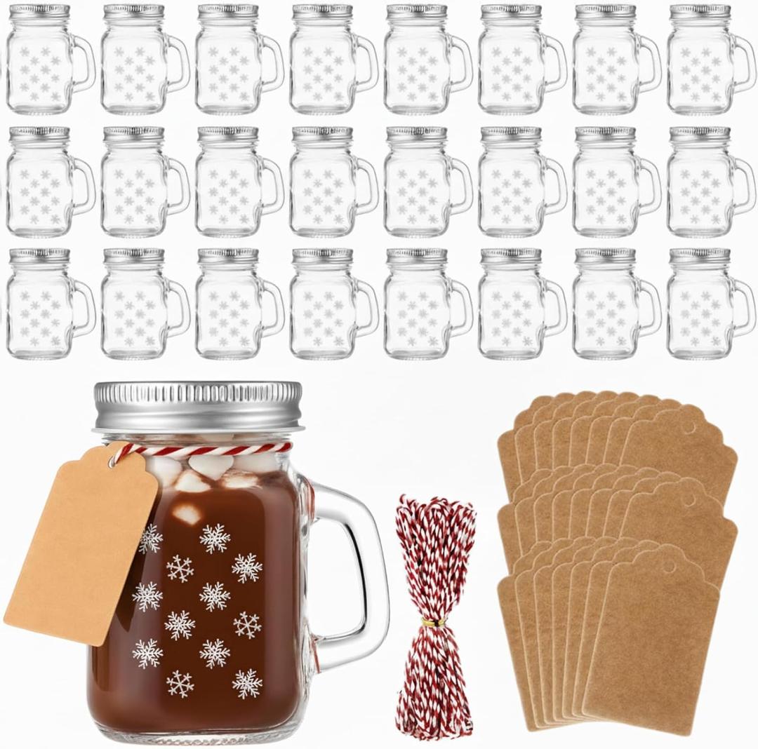 Mimorou 24 Pack 4oz Christmas Mini Mason Jars Snowflake Mini Mason Jar Mugs with Handle Drinking Glasses Cups with Lids Wooden Spoons, Kraft Tags for Christmas Party Favors, Gifts, DIY Treats