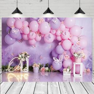 Purple Butterfly Balloons Backdrop First Birthday Decorations for Princess 1st Girl Birthday Party Decorations Newborn Kids Baby Shower One Year Old Cake Smash Photo Props (7X5FT)
