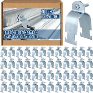 Landhoow 50 Pcs Emt Pipe Universal Strut Clamps Strut Channel Accessory Electro Galvanized Conduit Clamp with Bolt and Nut, Rigid Pipe Tool (1-1/2 Inch)