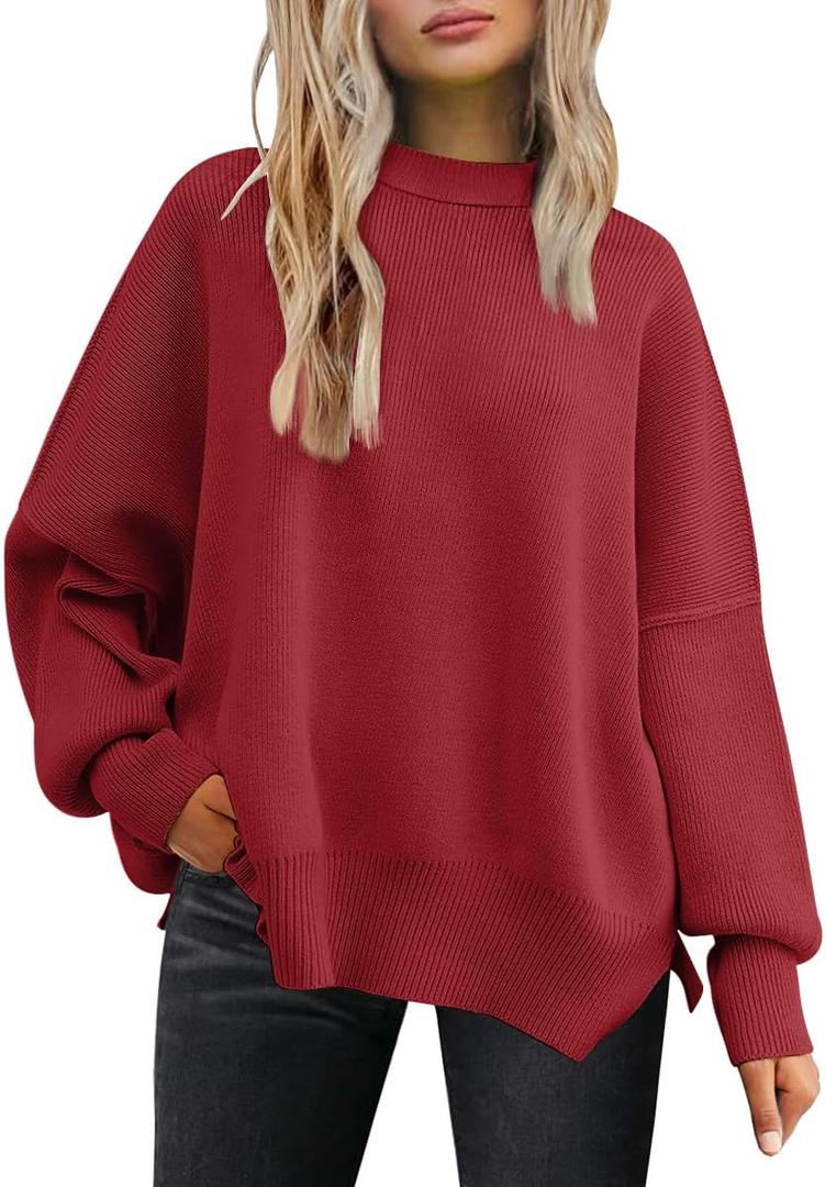 LILLUSORY Women's Oversized Batwing Sweaters 2026 Fall Outfits Trendy Crewneck Knit Side Slit Fashion Pullover Tops (Large, Red)
