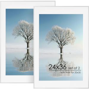 24x36 inches Metal Picture Frame For Wall With Mat For 20"x30", 24''x36'' Aluminum Photo Frames With Tempered Glass For Home Decor, Minimalist Modern Poster Frame Horizontally Vertically Set of 2, Silver