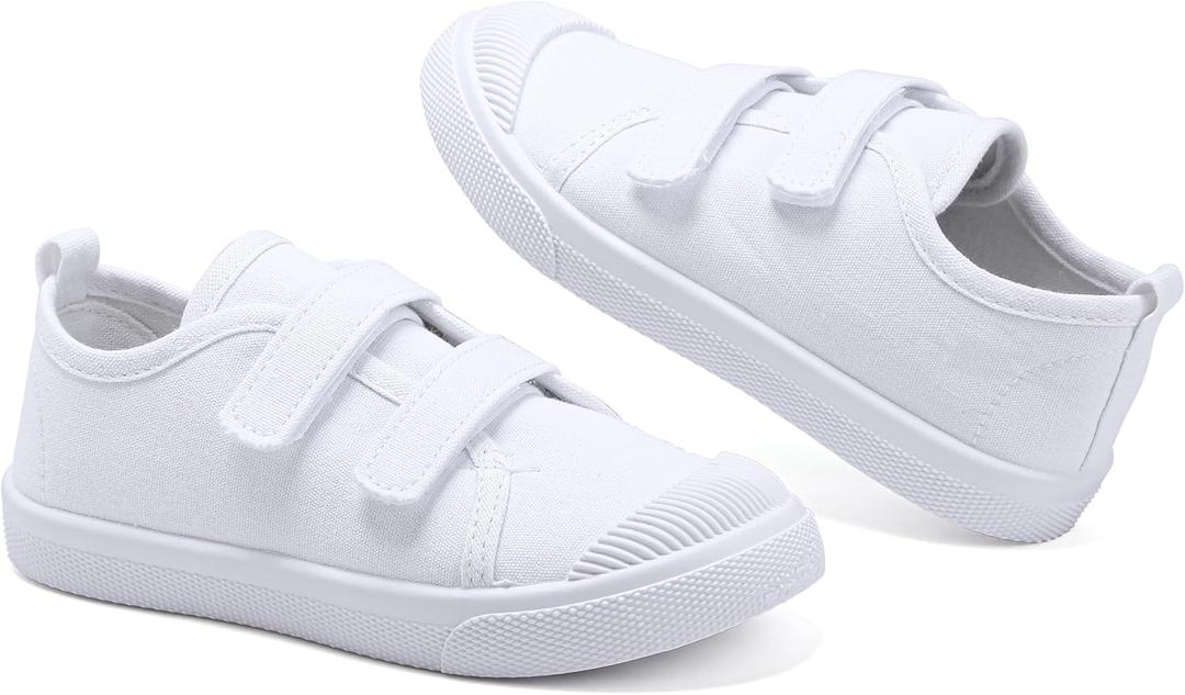 Kids White Shoes Toddlers Canvas Sneakers Slip-on Light Weight Comfortable Causal Running Shoes Skin-Friendly for Boys Girls (13 Little Kid, Hook-and-loop White)
