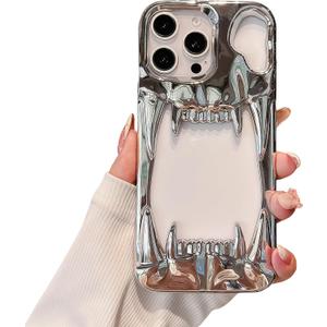 Gothic 3D Hollow Horror Devil Pattern Case for iPhone 12 Pro, [Luxury Chrome Color Plating] [Heat Dissipantion Thermal Design] Shockproof Bumper for Halloween- Silver