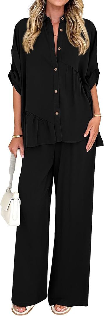 KIRUNDO Two Piece Sets for Women Spring Outfits 2026 Summer Fall Dressy Casual Button Down Shirt Wide Leg Pants Lounge Set
(Black, Medium)