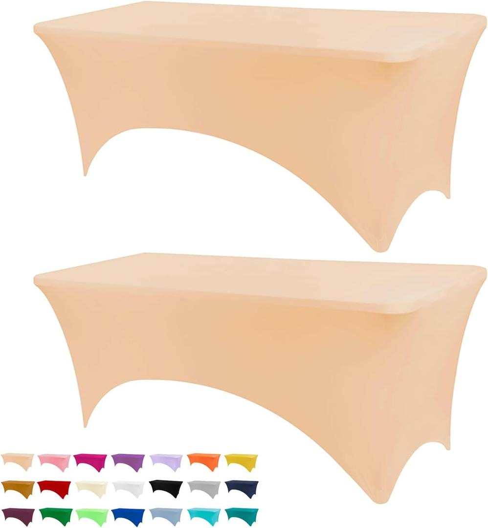 BDDC Table Covers for 6 Foot Tables, 2 Pack Champagne Washable and Wrinkle Resistant Stretch Tablecloths Rectangle 6ft for Events, Wedding, Banquets, Parties