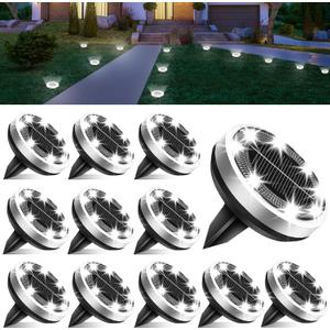 Solar Lights Outdoor Waterproof, 12 Pack 8 LED, Thickened Stainless Steel Ground Light, Solar Garden Lights Landscape Lighting for Patio Pathway Lawn Yard Deck Driveway Walkway, Cool White