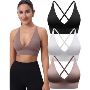 Evercute Women's Sports Bras 3/4 Pack Adjustable Deep V Neck Bras Wireless Spaghetti Strap Criss Cross Padded Low Support Bra (Medium, Black White Brown 3 Pack)