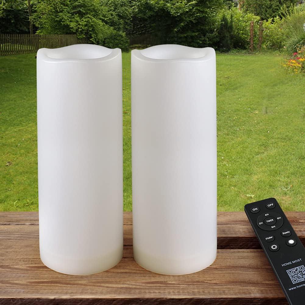 Pack of 2 White LED Candles Outdoor 3x8 - Unscented IP65 Waterproof Battery Powered Flameless Pillar With Remote and Timer - Flickering