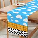 Vohado Cartoon Story Table Runner Cow Pattern Printed Check Birthday Party Decoration Blue Sky and White Cloud Dining Room Home Kitchen Island Decor