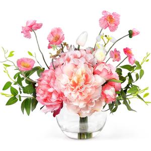 Peonies Artificial Flowers in Vase, Pink Flowers Artificial with Faux Water, Silk Peonies Artificial Flowers Arrangements Indoor Realistic Fake Flowers for Table Wedding Party Home Decor