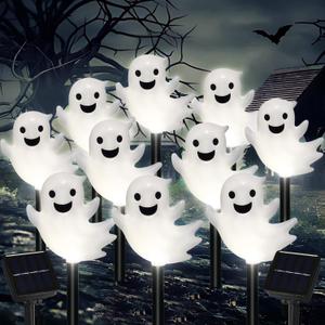 Solar Halloween Ghost Pathway Lights, 10 Pack 3D Lighted Outdoor Stake Decorations, Waterproof LED Yard and Garden Lights for Halloween Pathway, Lawn, Patio, and Holiday Decor (Cool White)