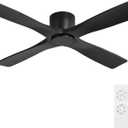 WINGBO 54" Flush Mount DC Ceiling Fans without Lights, 4 Carved Solid Wood Blades, 6-Speed Reversible DC Motor, Low Profile Hugger Ceiling Fan No Lights, Matte Black