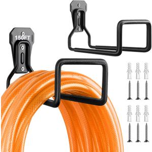 Hose Holder Stand Wall Mount, 2Pcs Heavy Duty Garden Hose Hanger Reel, Metal Water Pipe Tube Hooks Rack for Outside Yard, Garage, Storage Organizer - Black