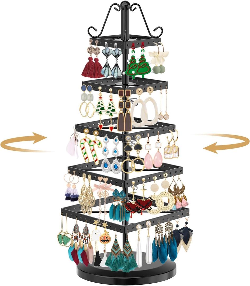 MODOWEY 5 Tiers Metal Rotating Earring Holder Organizer Tree Spinning Display Stand Rack for Women Girl, 220 Holes Adjustable Large Storage for Stud Dangle Hoop, Find Earrings Easily(Square, Black)
