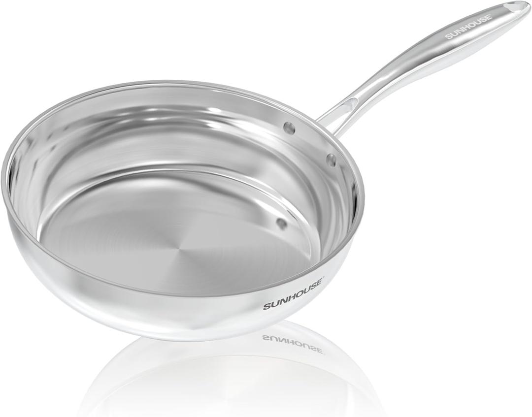 Sunhouse 10 Inch 18/10 Chef Series Stainless Steel Frying Pan, Tri-Ply Stainless Steel Construction, PFOA-FREE, Stay-Cool Handle, Induction Compatible with All Cooktops, Dishwasher Safe