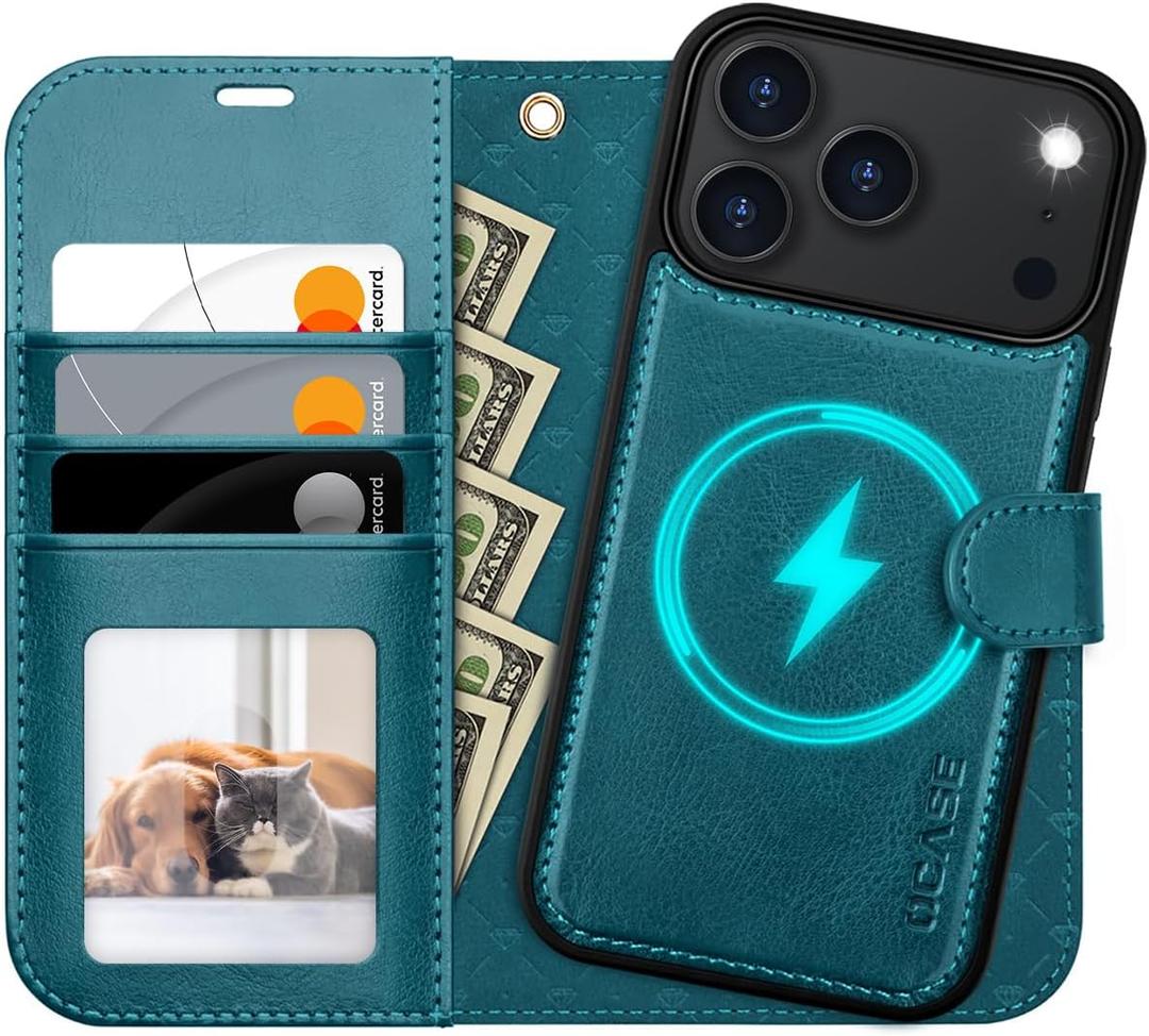 OCASE for iPhone 17 Pro Detachable Wallet Case with Card Holder, 2 in 1 PU Leather Flip Folio with RFID Blocking Stand Wrist Strap Shockproof Phone Cover 6.3 Inch 2025, Peacock Blue