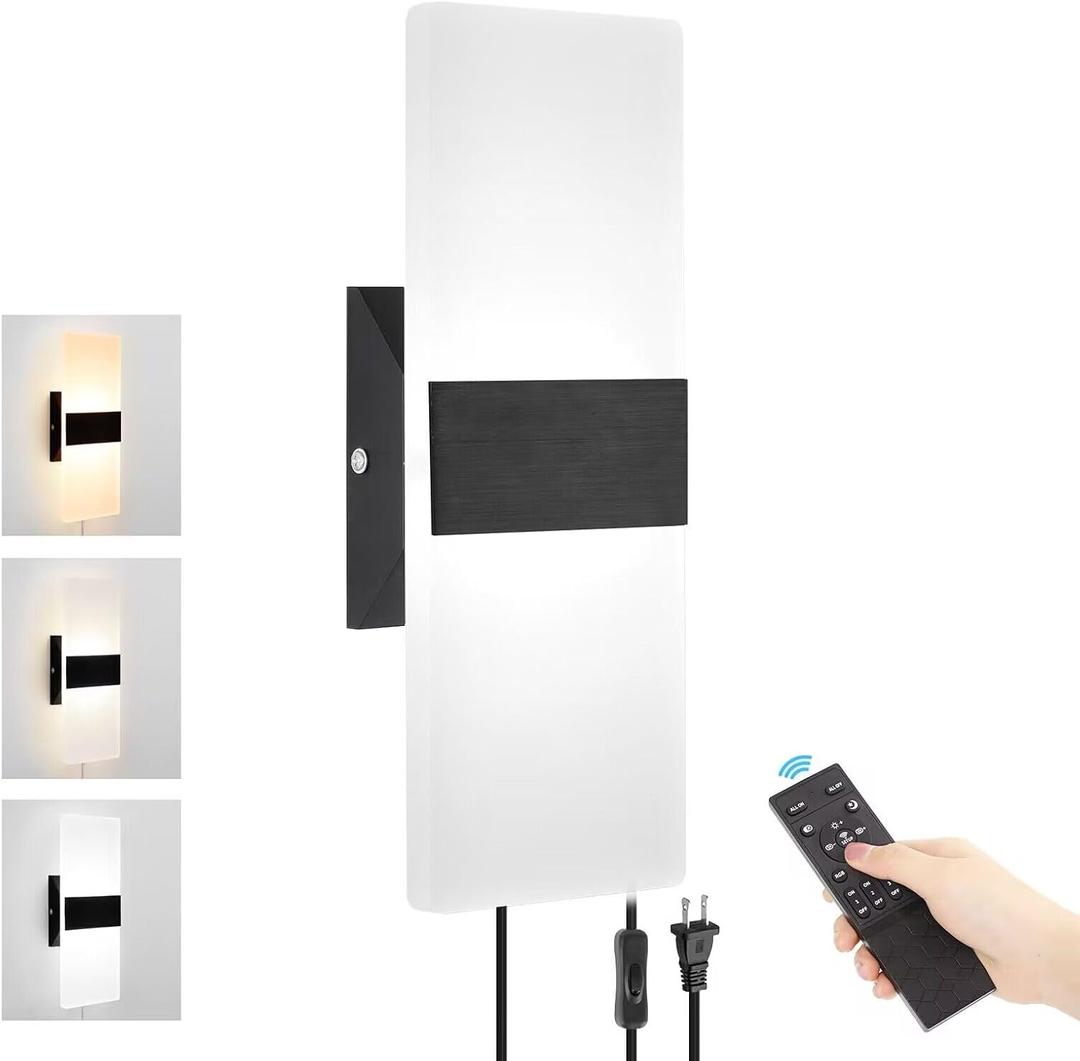 Plug in Wall Sconce with Stepless Adjustable 3000K-6500K Colors and 10%-100% Brightness, 12W Acrylic LED Wall Light with Remote, Hardwire or Plug-in (1 Pack, Black)