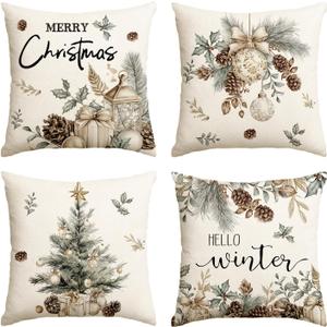 AVOIN colorlife Merry Christmas Trees Pine Needle Pinecone Throw Pillow Covers, 20 x 20 Inch Xmas Balls Hello Winter Holiday Cushion Case Decoration for Sofa Couch Set of 4
