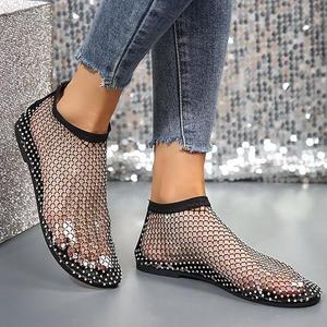 Ultra Comfortable Mesh Flats for Women Fishnet Sandals Low Heel Slip on Rhinestone Shoes, Black, Size 5