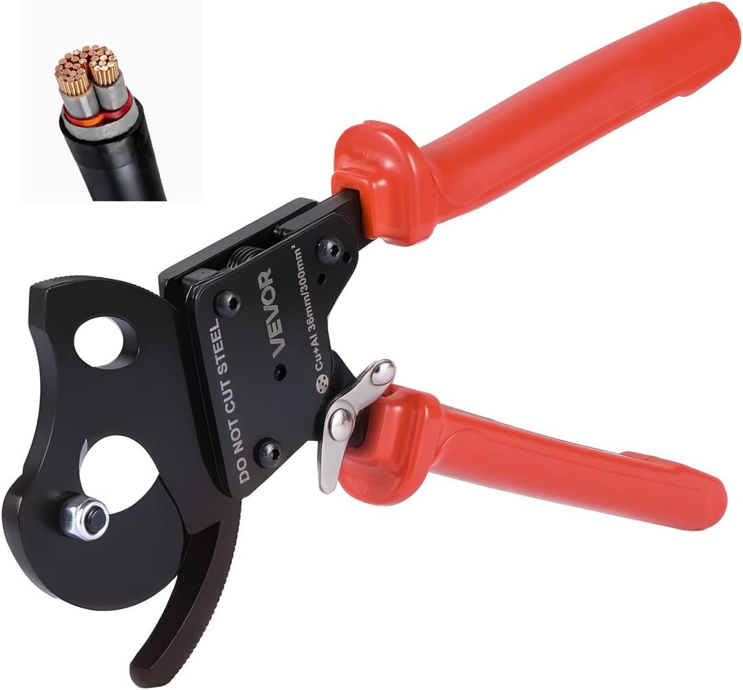 VEVOR Ratcheting Cable Cutter, Spring Steel Blades with PVC-Coated Handles, Quick-Release Button, Heavy Duty Ratchet Cable Wire Cutter for Cutting Copper & Aluminum Cables Up to 600 MCM / 300 mm