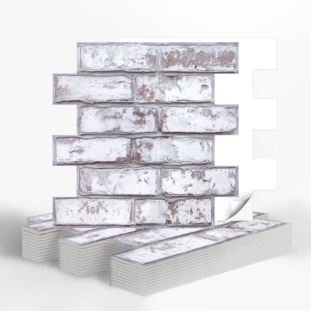3D Faux Brick Wall Panels, 3D Brick Wallpaper Peel and Stick,10 Pcs of 12"X12", Small Size Thin PVC Brick Stone Self Adhesive Fake Brick Paneling Brick Backsplash (Retro White)
