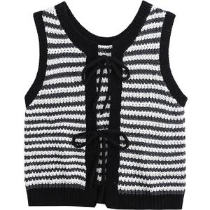 Tanou Sweater Vest for Women Casual Sleeveless Crew Neck Tie Crochet Color Block Vest Summer Knitted Tank Tops Black M