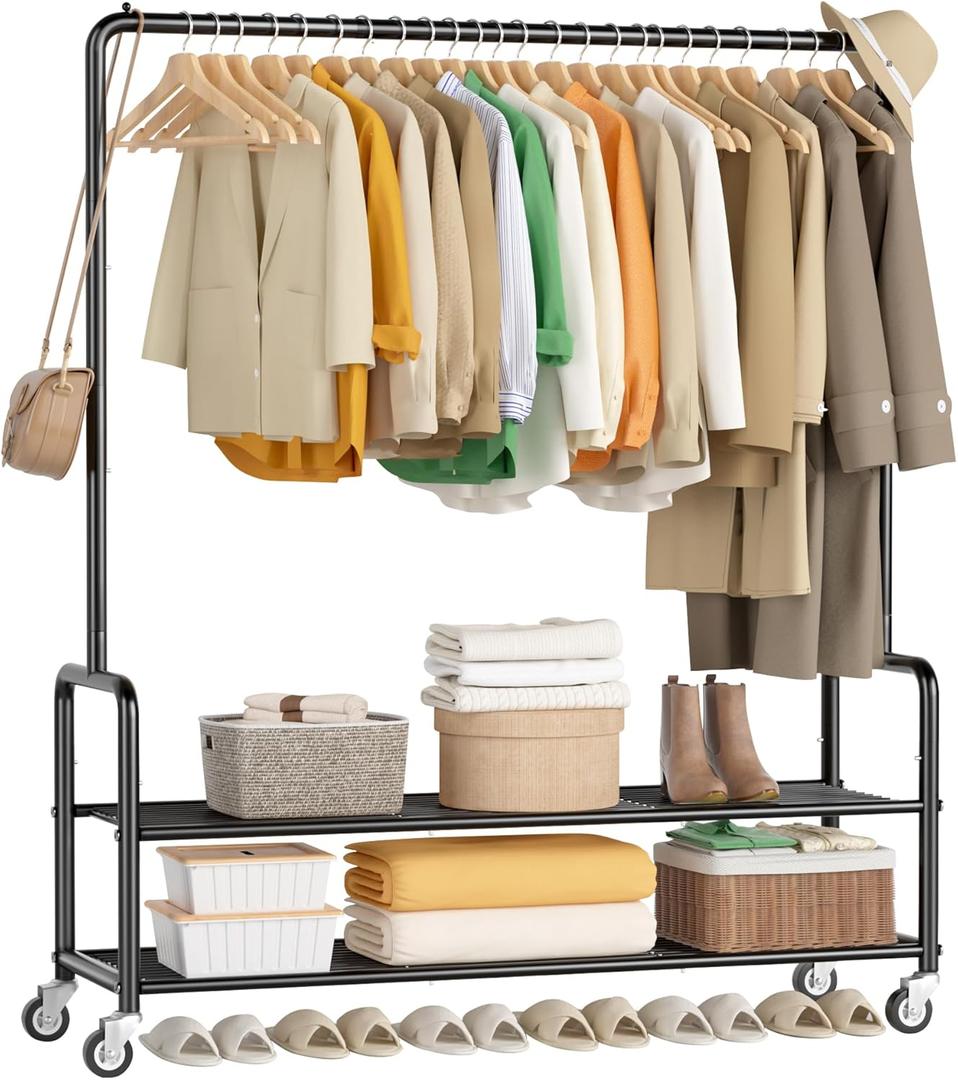 MISSLO Heavy Duty Clothes Rack with Shelves 46.5" Large Rolling Clothing Racks for Hanging Clothes, Garment, Coat, Black