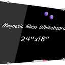 DEVELOP Magnetic Black Glass Dry Erase Board 24 x 18 Inches (60 x 45 cm), Small Frameless Wall Mounted Writing Glass Whiteboard with 4 Markers, 2 Magnets, 1 Eraser