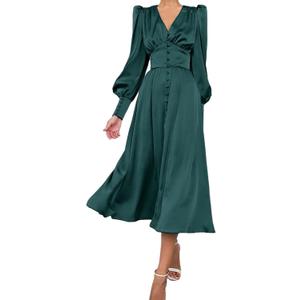 xxxiticat Women's Puff Sleeve Satin Maxi Dress Long Lantern Sleeve Button Down Ruffle Single Breasted Vintage Midi Dresses (Blue)