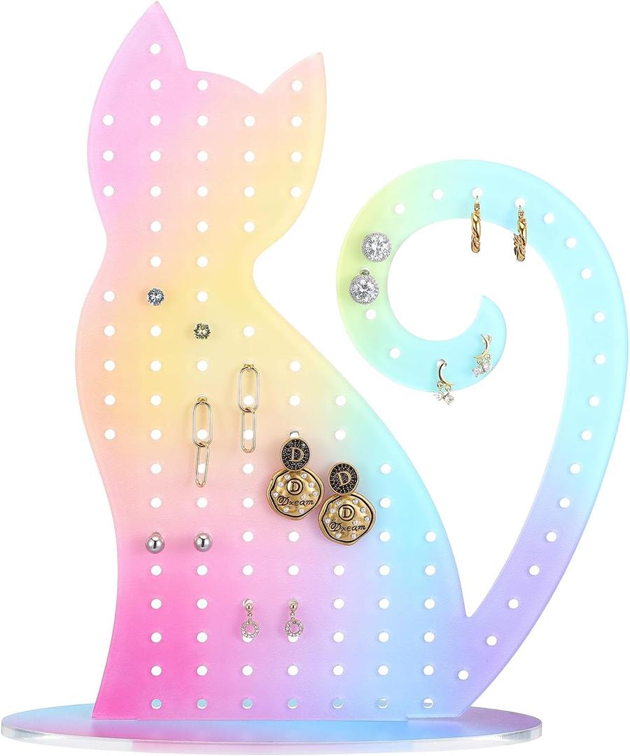 Tondiamo Cat Earring Holder Iridescent Acrylic Earring Organizer with 136 Holes Colorful Jewelry Display Stand for Girls & Women, Ear Stud Holder Gift for Cat Lovers