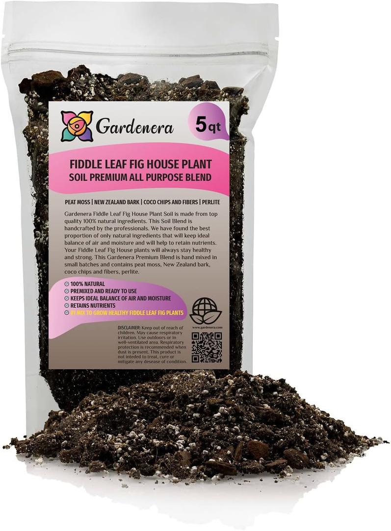 Gardenera Fiddle Leaf Fig Soil Mix - Premium Blend of Peat Moss, New Zealand Bark, Coco Chips, and Perlite for All Purpose Planting - 5 Quart Bag