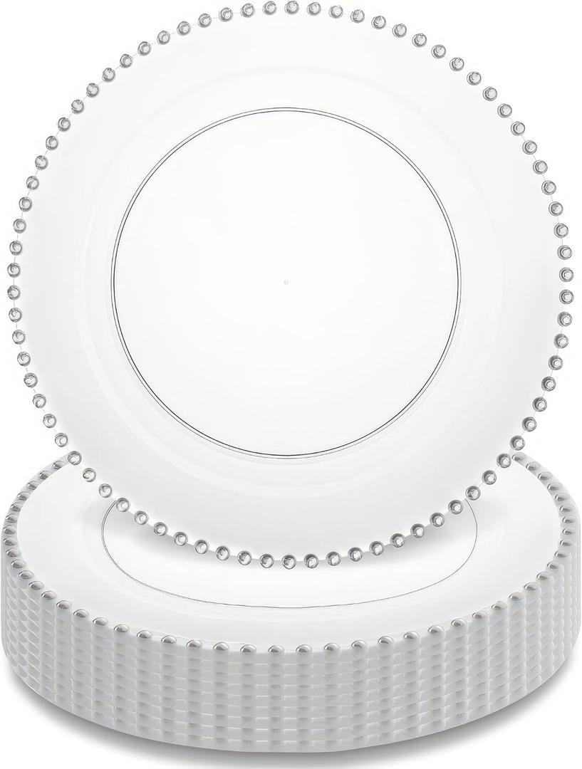 Beaded Collection Clear & Silver Plastic Plates - 10.5" (Pack of 10), Elegant Design Tableware, Perfect for Chic Special Occasions & Gatherings