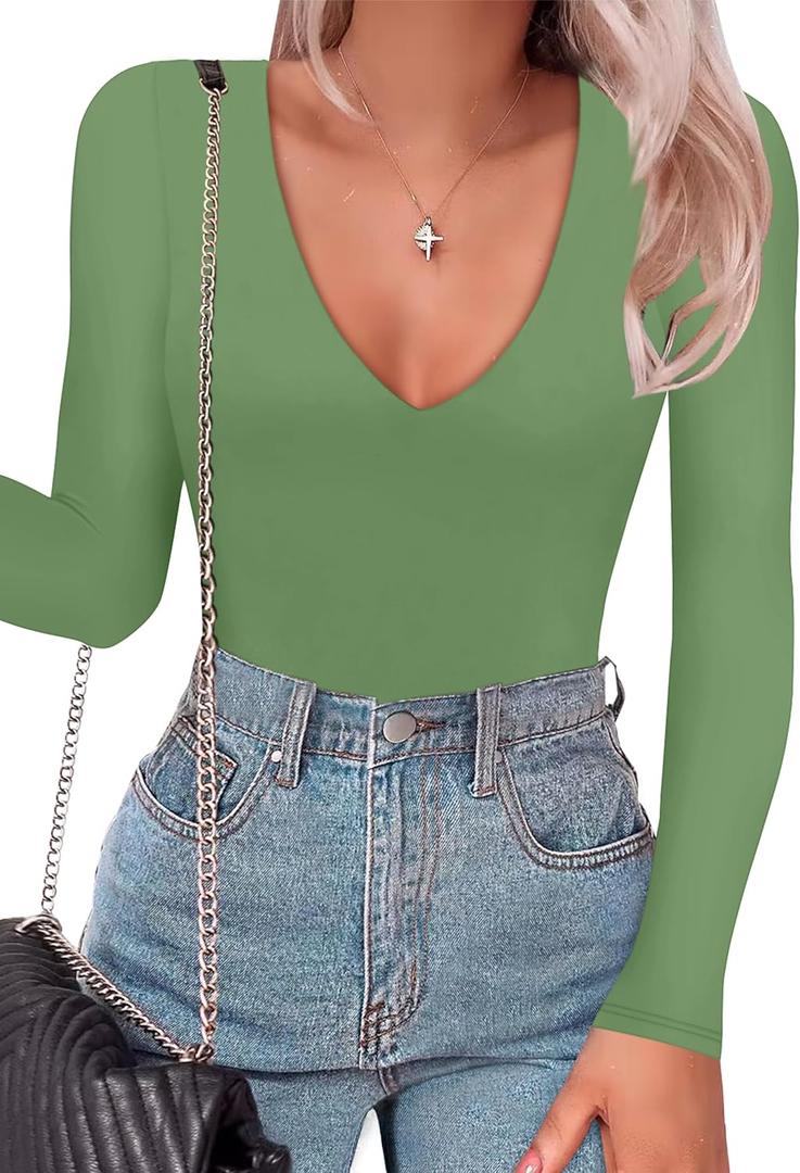 SAUNGKUAI Women's Plunge Deep V Neck Long Sleeve Bodysuit Double Lined Thong Body Suit Shirt Tops (Large)