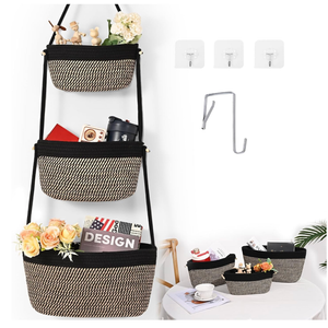 Hanging Basket, 3-Tier Woven Wall Basket with 4 Hooks, Cotton Rope Storage Baskets, Over the Door Organizer for Nursery, Bedroom, Cottage and Boho Wall Decor