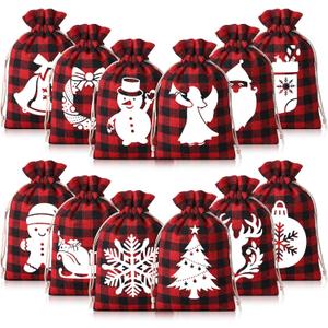 Nuogo 48 Pcs Christmas Burlap Gift Bags with Drawstrings, Linen Christmas Sack Small Goodie Bags Xmas Gift Wrap Sack for Xmas Party Favors Supplies, 12 Designs (Simple Style)