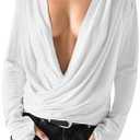 SweatyRocks Women's Wrap Deep V Neck Ruched T Shirts Sexy Long Sleeve Loose Plain Tees Streetwear Small