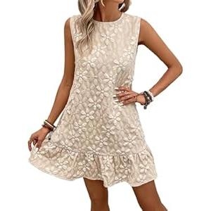 Women's Ruffle Hem Jacquard Dress Casual Sleeveless Tank Floral Mini Dress Smock Wedding Guest Dresses (Beige, Small)