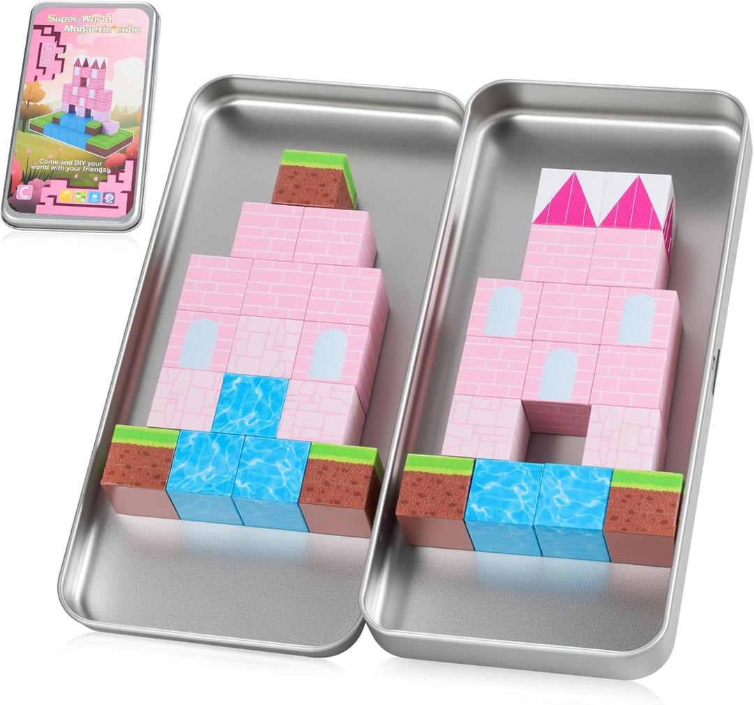 Mini Portable Magnetic Blocks with Iron Storage Box - Travel Magnet Building Block for Toddler 1-3, STEM ConstructionToys for Kids Ages 4-8, Educational Learning Toy Gift for Girls -Castle